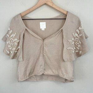 Revolve Line+Dot Tan Pearl Embellished Blouse NWT